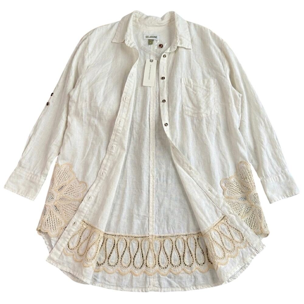 Anthropologie Celandine Linen Button Down Shirt Dress L Crochet Coastal Grandma